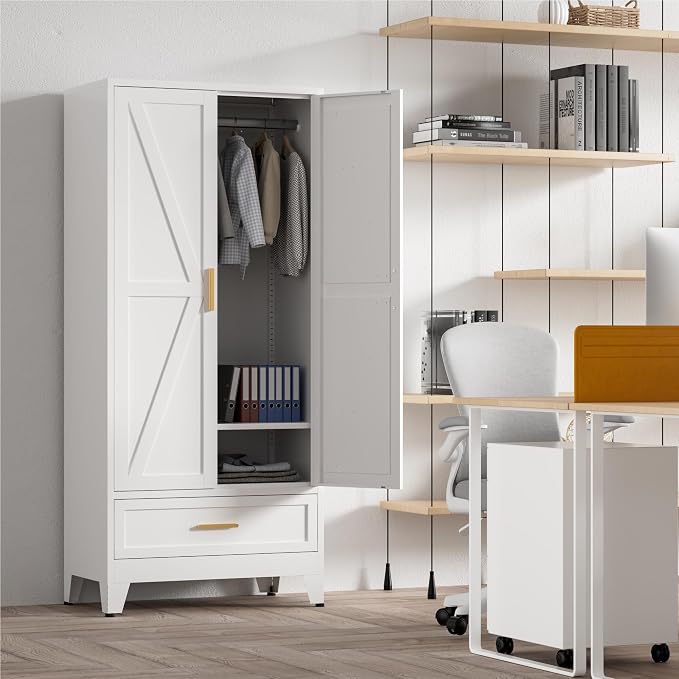 Washsemba 71'' Farmhouse Metal Wardrobe Cabinet with Hanging Rod, 2 Barn Door Wardrobe Closet with Adjustable Shelves,Drawer,for Dining Room,Bedroom,Living Room, Cloak Room,Office (White)