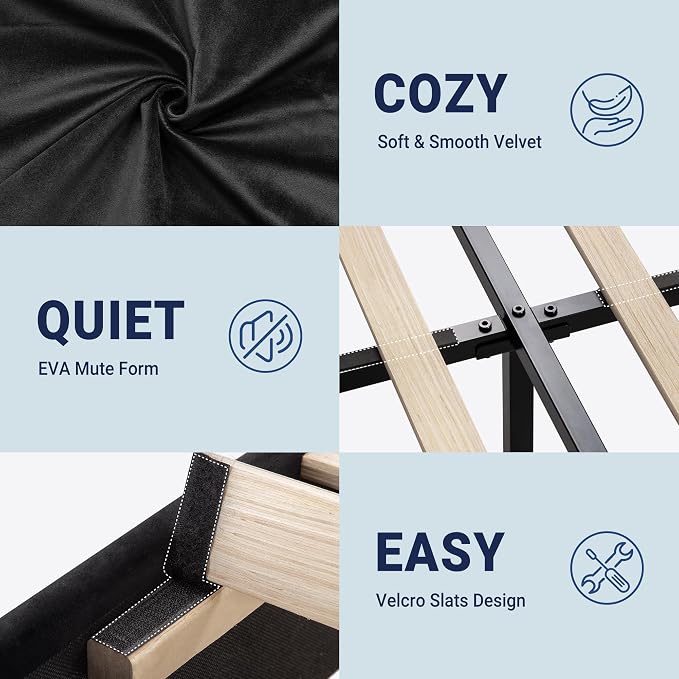 Allewie Queen Platform Bed Frame with Adjustable Headboard, Plush Velvet Upholstered, Vertical Channel Tufted, Sturdy Wooden Slats, No Box Spring Needed, Easy Assembly, Black