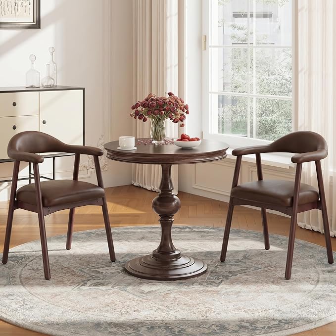 MALOL Leather Dining Chair with Armrest Set of 2, Upholstered Dining Room Chair with Curved Back and Wood Legs, Mid Century Modern Kitchen Chairs for Kitchen Dining Room,Dark Brown