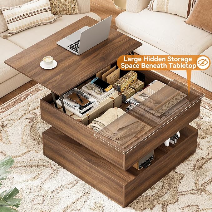 FABATO Lift Top Coffee Table with Storage and Hidden Compartment, Wood Square Coffee Table for Living Room, 31.5'' Small Center Table with Open Display Shelf for Dining Reception Room, Walnut
