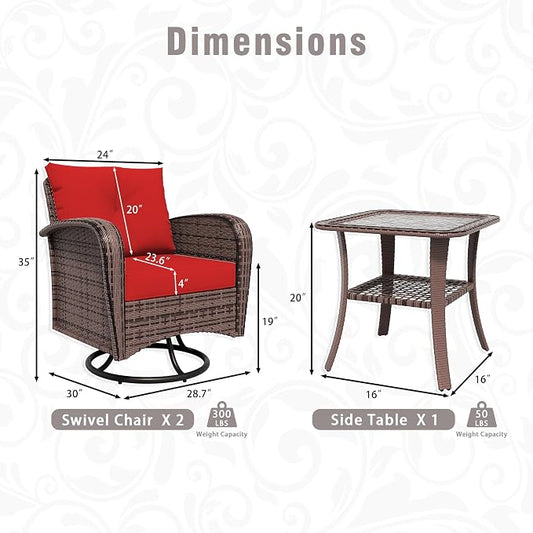 3 Piec Patio Bistro Set with 2 Rocking Chairs & Table, 360° Swivel PE Wicker Outdoor Furniture, Heavy-Duty Steel Frame,Weatherproof Cushions, Red