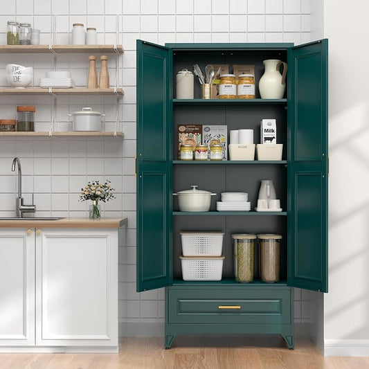 UNICOLY 75" Kitchen Pantry Cabinet with Drawer, Tall Storage Cabinet with Doors and 4 Shelves, Metal Storage Cabinets for Kitchens, Living Room, Dinning Room, Assembly Required, Green