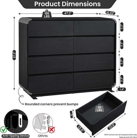 Standifurno Black Dresser with 8 Drawers, Modern Chest of Drawers with Deep Drawers, Big Storage Organizer for Bedroom, Living Room, Hallway, 47’’Wide