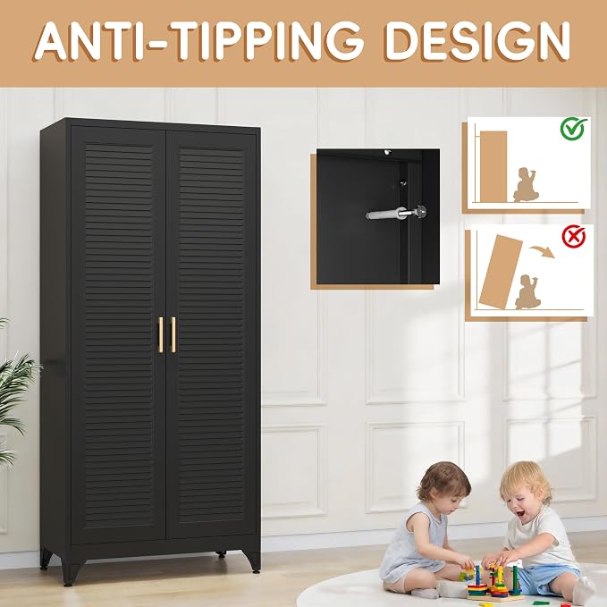 SteeLoong 71" Metal Wardrobe Cabinet with Hanging Rod, Armoire Wardrobe Closet with Doors and Adjustable Shelves, Black Clothing Storage Cabinets for Bedroom Office,School,Hospital