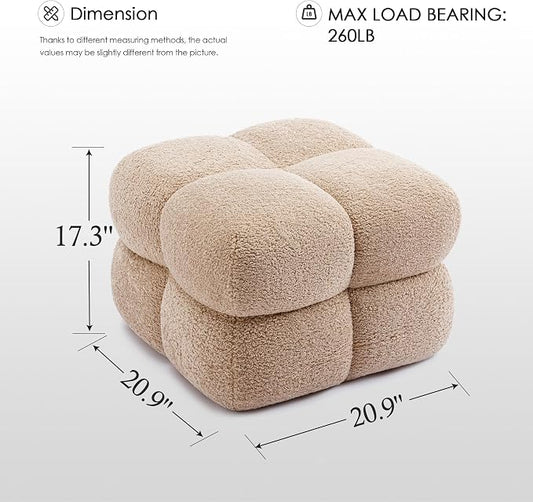 Zesthouse Square Pouf Ottoman Footstool, Modern Backless Vanity Stool for Bedroom, Tan Fuzzy Foot Rest for Couch, Upholstered Tufted Footstool, Sherpa Fabric Ottoman Coffee Table for Living Room
