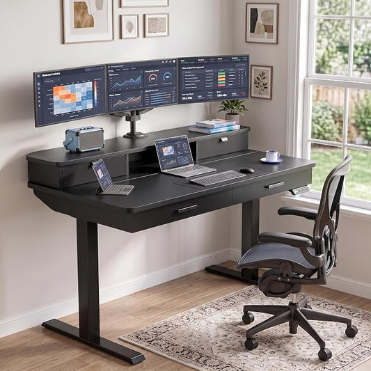 HUANUO 48 x 30 inch Electric Standing Desk with 2 Wood Drawers, Adjustable Height Sit Stand Desk for Home Office, Ergonomic Stand up Desk with 4 Memory Presets, 176 lbs Capacity, Black Top