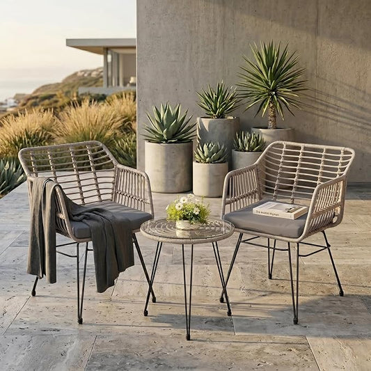 3-Piece Patio Furniture Set, Wicker Bistro Set with 2 Cushioned PE Rattan Armchairs and Glass Top Coffee Table, Small Conversation Set for Balcony, Porch, Backyard, Grey/Grey
