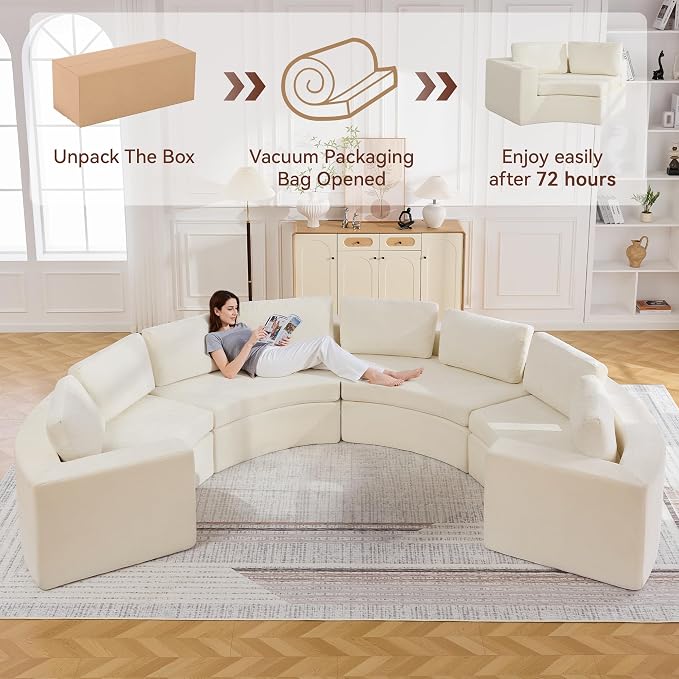 WUTUTUEE 142'' Curved Round Boneless Couch, Oversized Half Moon Sofa with Deep Seat & Arms, Chenille Modular Sectional Sofa with Pillows, Upholstered Comfy 8 Seat Couch for Living Room, White