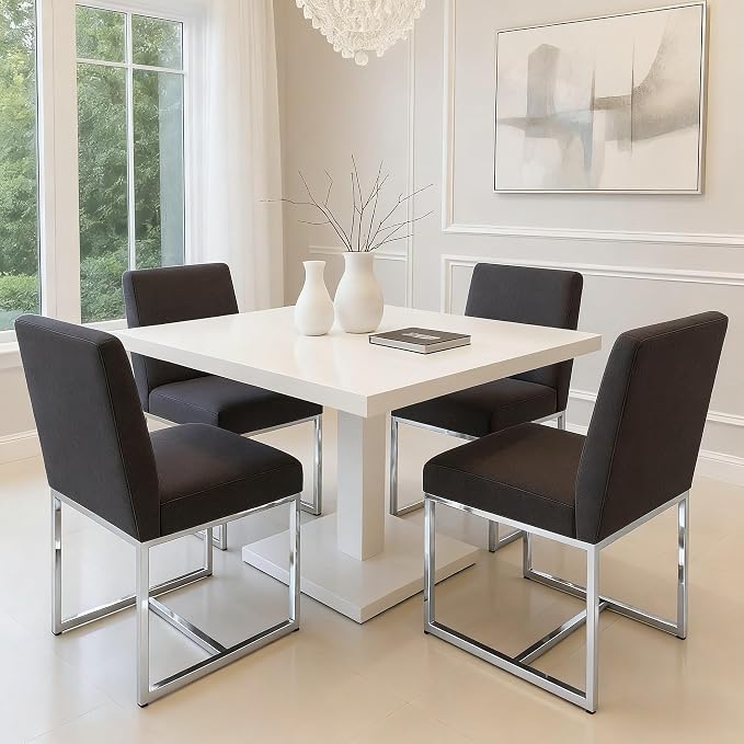 HNY Modern Dining Chairs Set of 2, Upholstered Linen Dining Room Chairs with Ergonomic Back & Polished Silver Metal Frame for Home, Kitchen, Apartment, Charcoal Black
