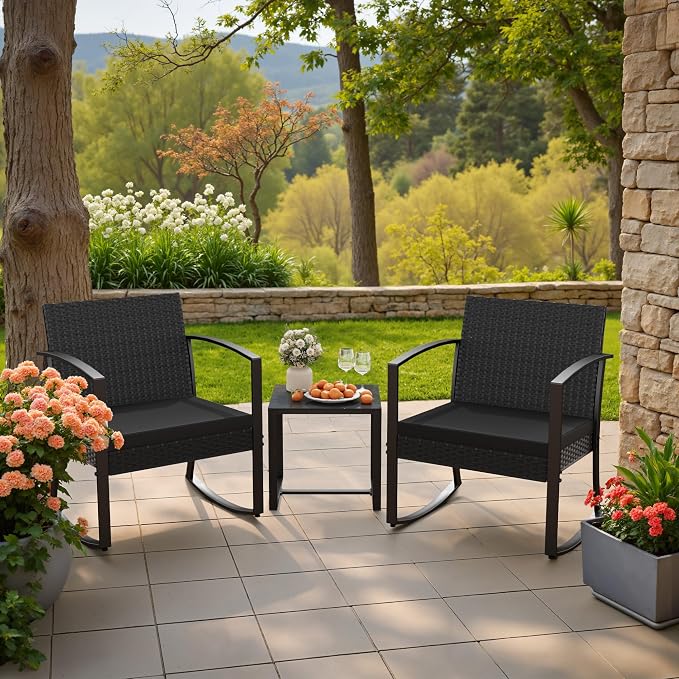 Black 3-Piece Resin Patio Bistro Set, Outdoor Rocking Chairs with Soft Cushions & Side Table, All Weather Furniture for Porch, Poolside, Balcony & Yard
