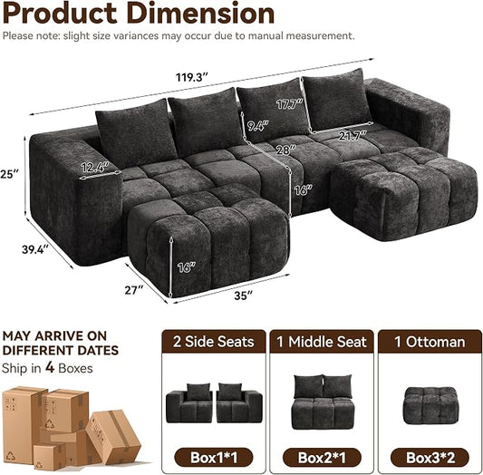 119" Boneless U-Shaped Sofa Couch with 2 Ottoman, 4 Seater Comfy Cloud Sectional Sofa with Deep Seat, Oversized Chenille Memory Foam Sectional Couches for Living Room Bedroom, Dark Grey