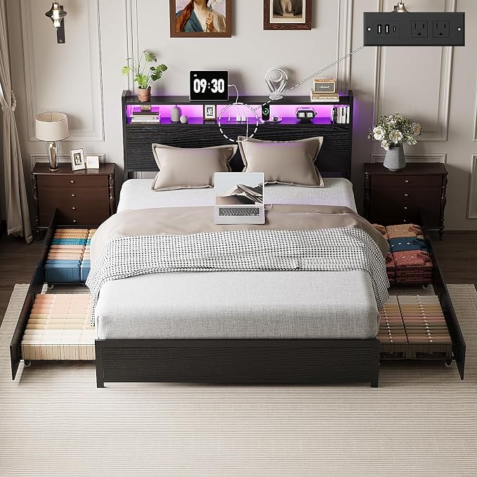 VINGLI Queen Platform Bed Frame with 4 Storage Drawers and Adjustable Headboard Shelf, Metal Bed with Charging Station and LED Lights, No Box Spring Needed, Noise Free, Easy Assembly, Black