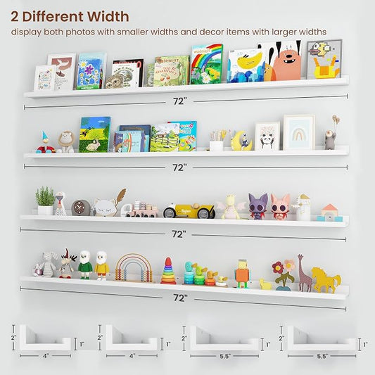 Axeman 72 Inch Floating Shelves | White Picture Ledge Shelf Set of 4 | Rustic Wood Wall Shelves with Lip | 72" White Picture Shelves for Wall with Ledge | Photo Shelves