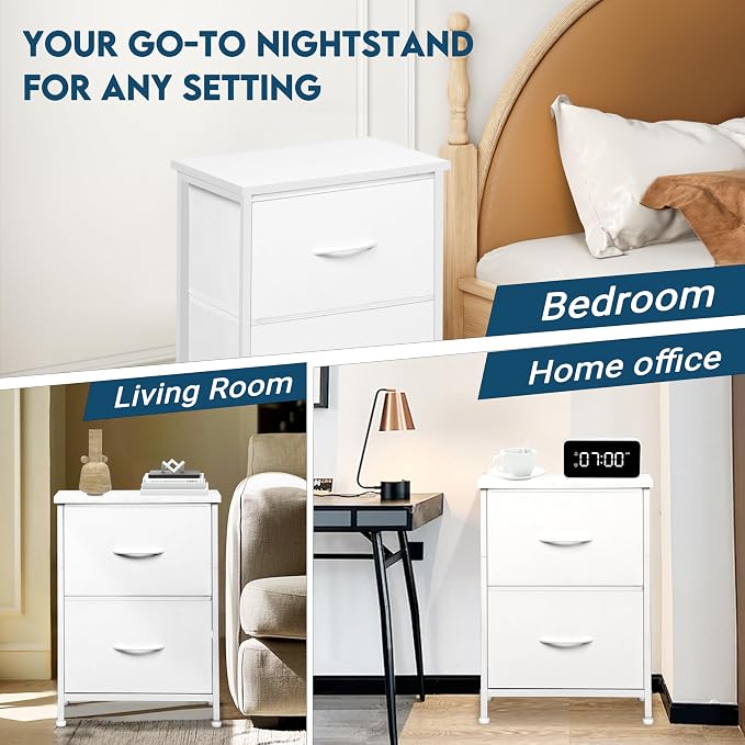 LOFTEY White Nightstand, Bedside Table with 2 Fabric Drawers, Small Kids Night Stand for Bedroom, Bed Side Table with Storage, 15.7" L x 11.8" W x 21" H
