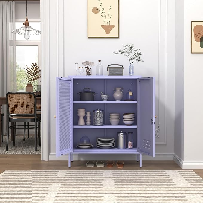 Purple Metal Storage Cabinet with Adjustable Shelf, Lockable 2 Door Sideboard, Multipurpose Widened Storage Locker for Kitchen Home Bedroom Living Room Office 33" H X 29.5" W X 13.8" D
