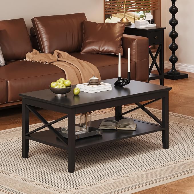 ChooChoo Coffee Table with Thicker Legs, Black Wood Coffee Table with Storage for Living Room, 47 inch