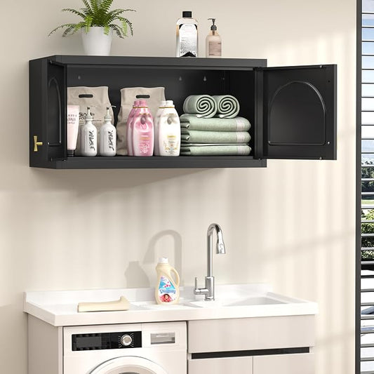 32" Metal Wall Cabinet 2 Doors,Black Hanging Cabinets with Handle,Metal Wardrobe Cabinets,Armoire Wardrobe Closet,Clothes Storage Cabinet for Bedroom,Laundry Room,Bathroom