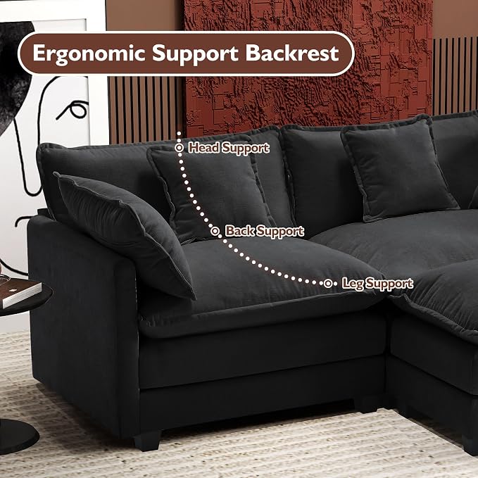 Ihanherry 77" L Shaped Modern Sofa Modular Sectional Cloud Couch with Ottoman, 3-Seat Chenille Deep Seat Sofa with Pillow for Living Room, Bedroom and Apartment, Black