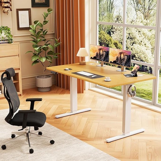 Sweetcrispy Electric Standing Desk Adjustable Height, 48x24 Inch Sit Stand Up Home Office Desks Computer Workstation PC Work Table with 3 Memory Preset Splice Wood Board Metal Frame, Oak