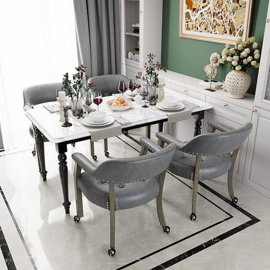 LEEMTORIG Set of 4 Dining Chairs with Casters and Arms, Rolling Dining Chairs with Wheels for Elderly, Ergonomic Wide Seat Wooden Office Desk Chair, 26"Dx25.2"W, Grey Legs&Dark Grey Fabric SY-1318-GY