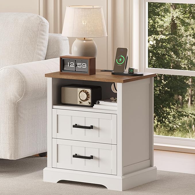 ChooChoo Farmhouse Night Stands with Charging Station, Wood Nightstand Set of 2 with 2 Drawers, Bedside Table with Open Storage Shelf for Bedroom, White