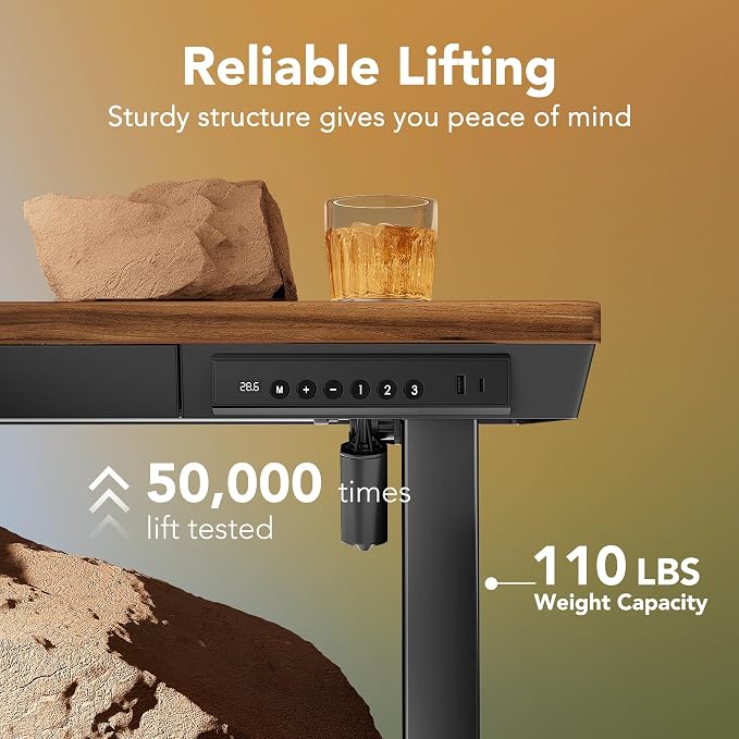 HUANUO Electric Standing Desk with Drawers, 48 X 24 Inch Electric Adjustable Height Desk, Quick Install One-Piece Tabletop with USB Charging Ports, Sit to Stand Up Desk for Home Office, Black Walnut
