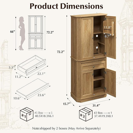 72.2" Tall Kitchen Pantry Cabinet with Doors, Farmhouse Storage Cabinet with Charging Station & LED Light, Drawer, Adjustable Shelves and Pull-Out Shelves, Oak Wood Pantry Cupboard for Dining Room