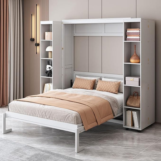 Queen Murphy Bed with Storage Doors, Space Saving Wall Bed Cabinet | Hydraulic lift helps raise and lower the bed, while hidden side storage keeps bedding and daily essentials organized