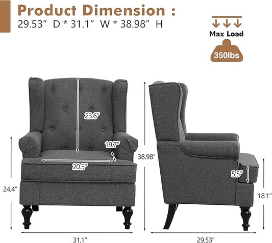 Accent Chair for Living Room, Mid Century Modern Upholstered Armchair, Wingback Chair with Tufted High Back and Solid Legs, Comfy Side Chairs Single Sofa for Bedroom, Dark Grey