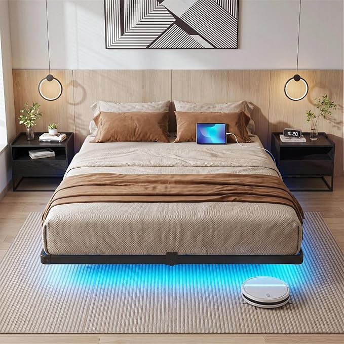 Liians Queen Size Floating Bed Frame with USB Charging Station and LED Lights, Modern Metal Platform Bed Frame with Mattress Slide Stopper, Noise Free No Box Spring Needed and Easy Assembly