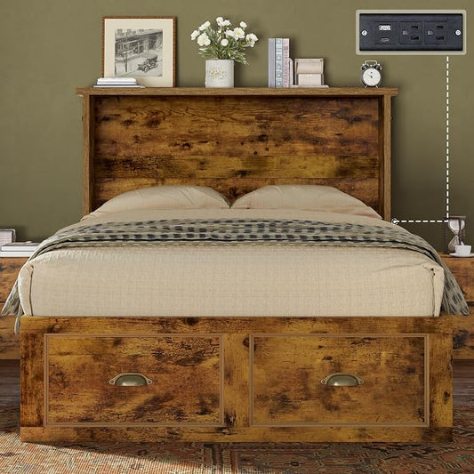 AMERLIFE Twin Size Murphy Bed, Farmhouse Wooden Cabinet with Charging Station and Storage Drawer for Bedroom/Office/Guest Room, Rustic Brown
