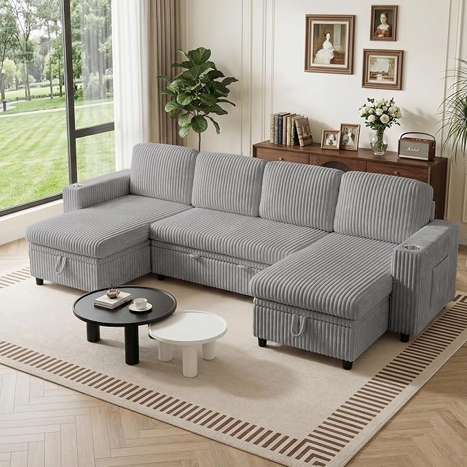 Modular Sectional Sleeper Sofa with Pull Out Bed, Plush Corduroy U Shaped Couch with Storage Chaise, USB Ports, Cup Holders, Comfy Cloud Couches for Living Room, Grey