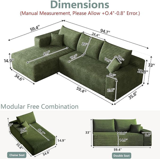 95" Modular Sectional Sofa, Modern Corduroy Cloud Couch with Side Pockets, Boneless Couch Upholstered 3-Seater L-Shaped Sofa for Living Room, No Assembly Required (Green,Left-Facing Chaise)