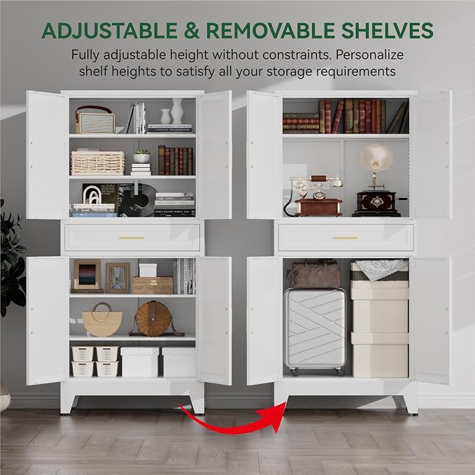 71" Tall Kitchen Pantry Cabinet,Farmhouse Pantry Cabinet,Metal Cabinet with Adjustable Shelves and Drawer,Storage Cabinet for Kitchen Dining Room Garage,White 1 Pack