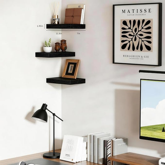 Floating Shelves for Wall, Bathroom Shelves Over Toilet, Wall Shelves & Book Shelf for Room, Hanging Shelf, Modern Wooden Wall-Mounted Small Floating Shelves, 12x7x1.5 in (Black, Set of 3)