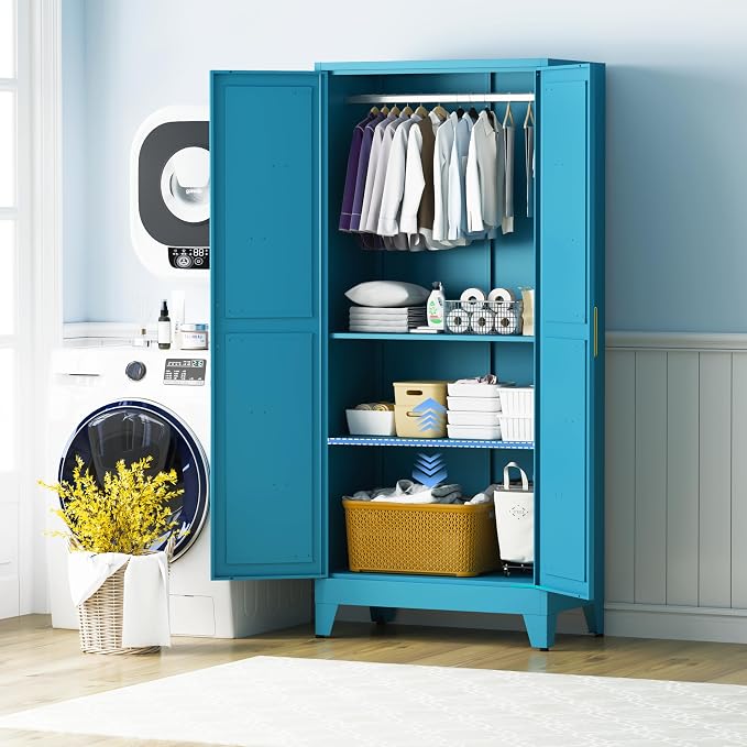71" H Wardrobe Closet with Doors, Metal Wardrobe Cabinet with 2 Doors and 2 Adjustable Shelves, Armoire Wardrobes Closet with Hanging Rod, Closets for Bedroom, Laundry Room, Blue