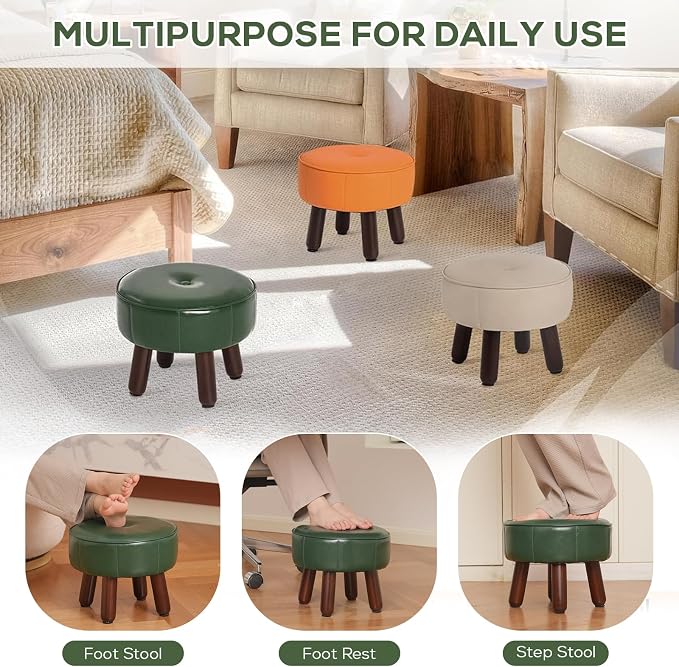 oakvivo 13in Small Foot Stool Ottoman, Round Faux Leather Foot Rest for Couch, Under Desk Pouf Footstool Footrest with Non-Skid Rubber Legs for Ling Room, Bedroom, 13''L x 13''W x 10.2''H, Green
