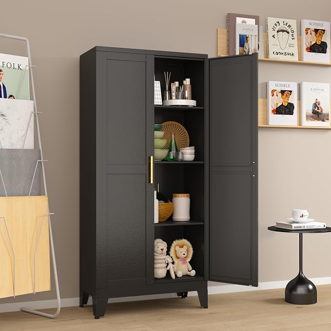 winiowa Metal Pantry Cabinet with 2 Doors and Adjustable Shelves, Kitchen Storage cabinets with Gold Handles, Versatile Storage for Laundry Room,Living Room,Bathroom,Dinning Room-Black