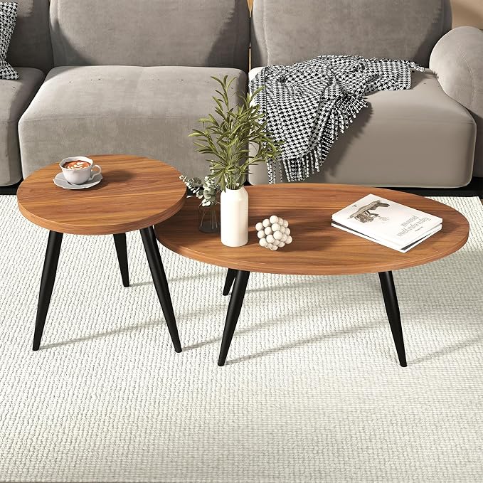 2-Piece Nesting Coffee Table Set, Oval & Round Mid-Century Modern Side Tables with MDF Tabletop & Metal Tapered Legs, Accent Table Set for Living Room, Small Spaces, Walnut