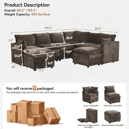 105" Brown Modular Storage Sofa, U Shaped Chenille Couch with 2 Ottomans | Oversized Convertible Sectional Sofa, 6-Seat Sectional Couch With 2 Ottomans, Large Cloud Couch For Living Room, Apartment.
