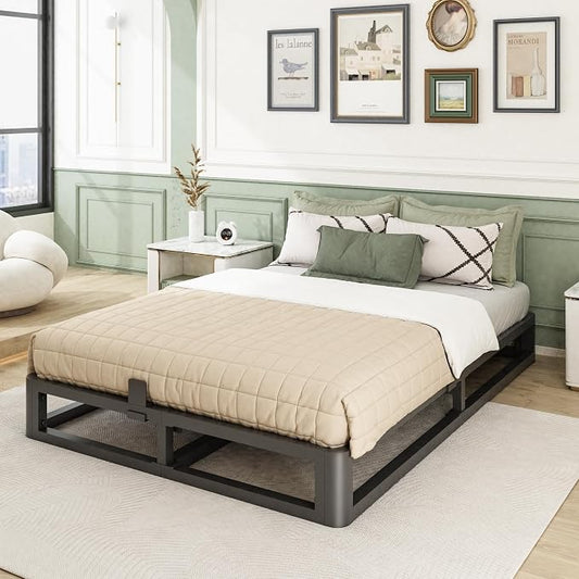 Bilily 6 Inch Queen Bed Frame with Round Corner, Heavy Duty 3500 LBS Steel Slats Support with Mattress Slide Stopper, No Box Spring Needed, Noise Free, Easy Assembly