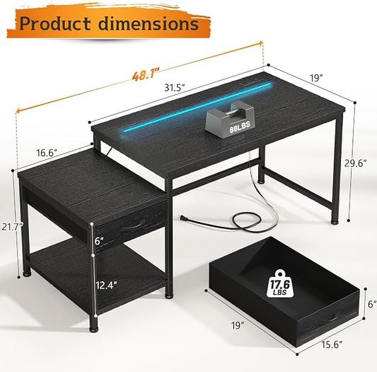 DurayLoly 48.1'' Gaming Desk with Printer Shelf & LED Lights, Reversible Computer Desk with Power Outlets & Drawers, Gaming Table with Hooks for Headphone,Small Desk for Teens, Bedroom & Dorm,Black