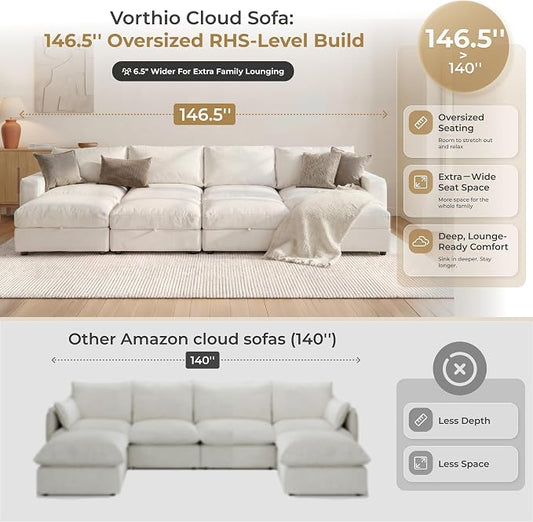 Cloud Couch Sectional 146.5'' Oversized Modular Deep Seat Sofa Bed Comfy White Cloud Couch with Washable Cover for Living Room 4 Seater with 4 Ottoman