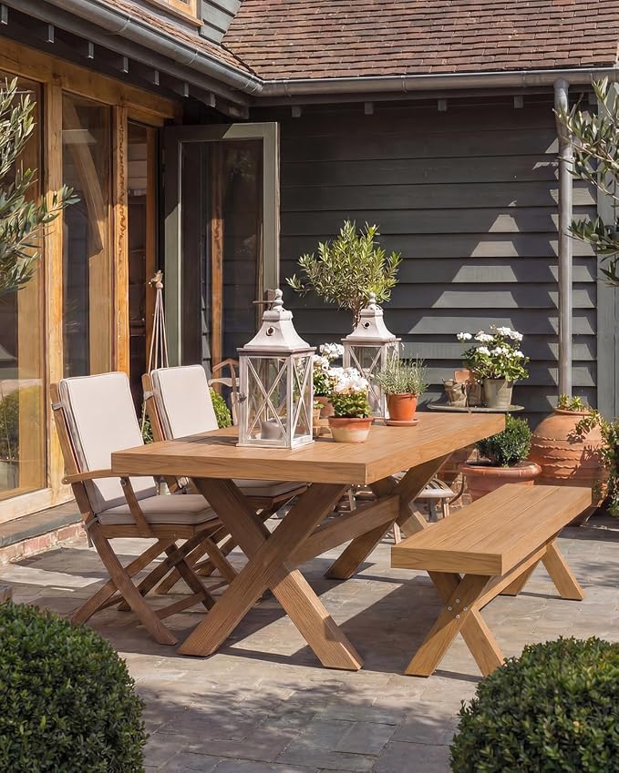 44.5" HIPS Outdoor Dining Bench, X-Shaped Modern Backless 2-Person Seating, All-Weather Patio Bench with Wood Grain Texture, Easy Assembly, Teak