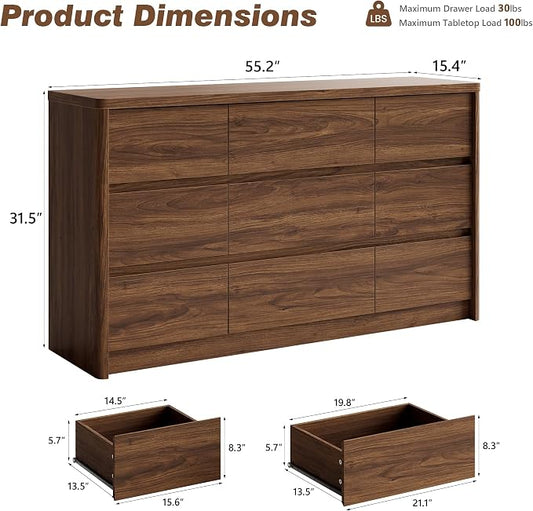 3 Pieces of Dresser and Nightstand Set,55 Inch Width 9-Drawer Dresser & 2-Drawer Nightstands Set of 2,Nightstand with USB&Type C Charging Station&Outlets, Modern Design for Bedroom, Walnut