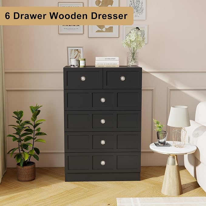 6 Drawer Dresser for Bedroom: 24" Fluted Black Dresser Deep Drawers, Modern Chest of Drawers for Bedroom, Fluted Wood Dressers for Living Room, Hallway (Black, 24")