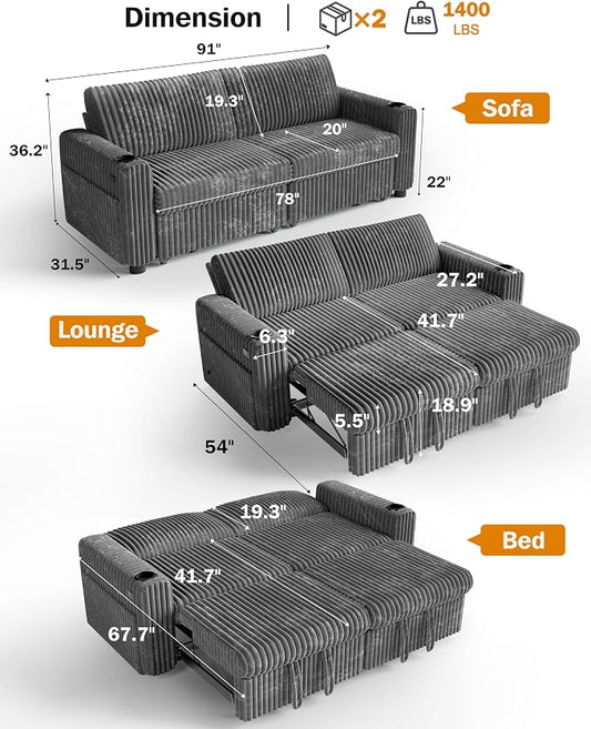 Vipbear 91" Sectional Sleeper Sofa with Pull Out Bed,5-Level Adjustable Backrest,3 Seat Modular Couch with Storage,Tool Free Assembly,USB & Cup Holders, Corduroy Sofa for Living Room,Grey