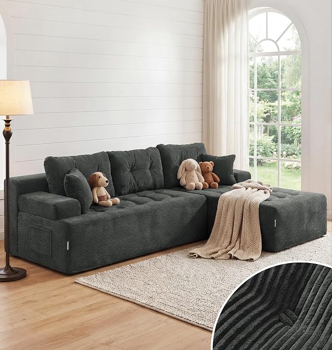 Hobestluk Modular Sectional Sofa Couches L-Shape Couch 3 Seat Modular Sofa Memory Foam Sectional Couches for Living Room, Cloud Couch with Oversized Chaise (Charcoal Corduroy, 96", Right Hand Facing)