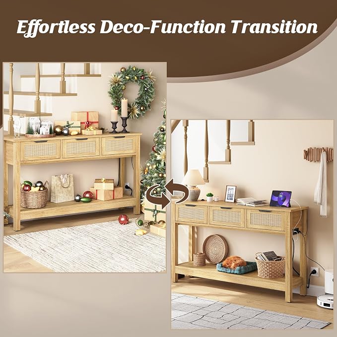 Luoxiao Entryway Table with Outlets & USB-C, 3 Drawers Rattan Console Table | Narrow Entry Table with Open Shelf, Anti-Tip, Easy Assembly, Boho Front Entrance Hallway Foyer Storage, 47 Inch, Natural Wood