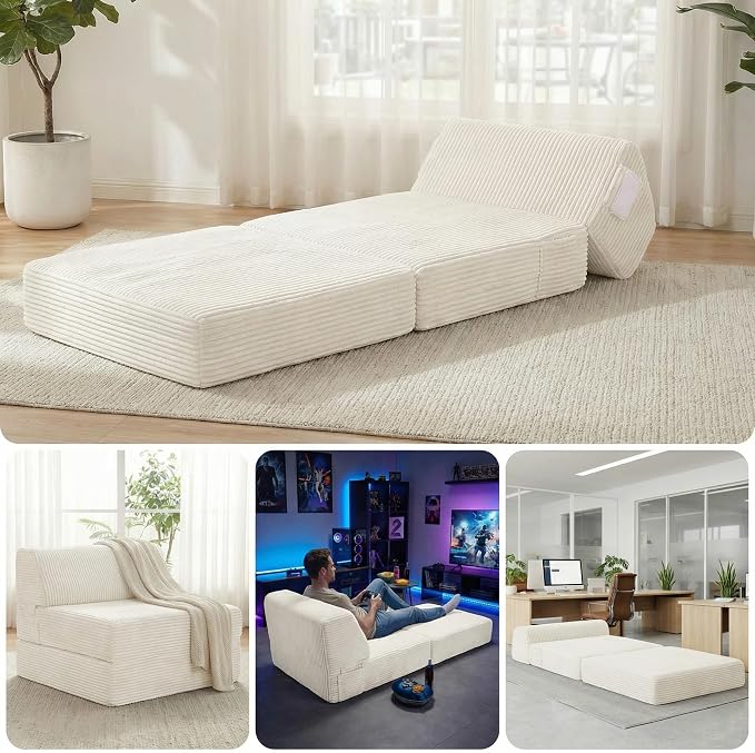 Kasunpul Folding Sofa Bed with Pillow, Memory Foam Fold Out Chair Bed, Convertible Sleeper Chair with Washable Cover, Futon Floor Couch for Living Room/Dorm/Guest Use/Home Office/Apartment, Beige